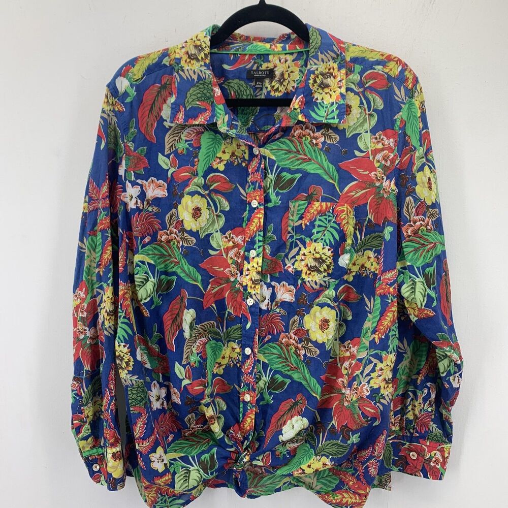 Talbots Woman Petites 2XP Tie Front Top Button Up Roll Tab Floral Colorful Artsy
